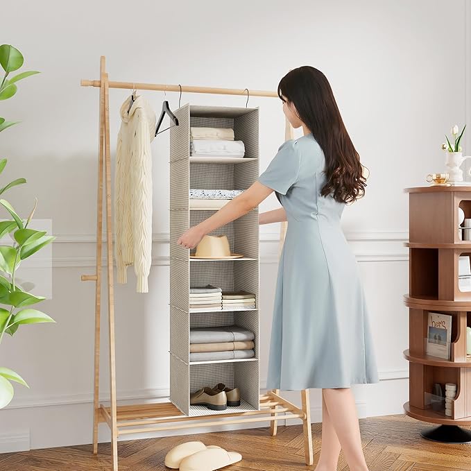Hanging Closet Organizer, Easy Mount Foldable 6-Shelf Hanging Closet Wardrobe Storage Shelves, Clothes Handbag Shoes Accessories Storage, Imitation Linen Fabric, Beige Houndstooth