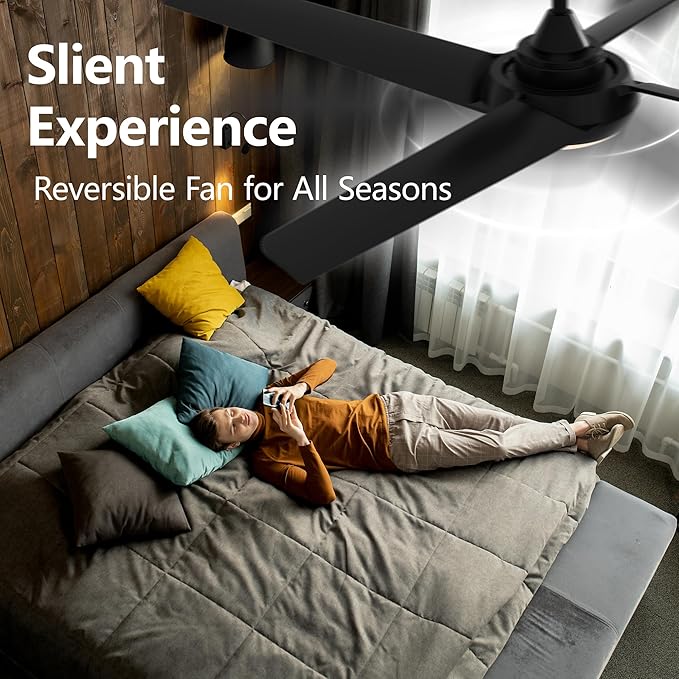 52 Inch Ceiling Fan with Light and Remote, 4 Blades, Quiet DC Motor, Reversible Fan with Dimmable LED Light, for Bedroom Living Room, Black