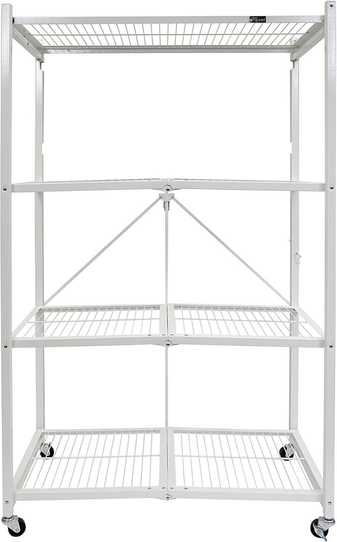 Origami 2-Pack R5 Storage Rack, 4-Tier Heavy-Duty Foldable Steel Shelf with Wheels, White