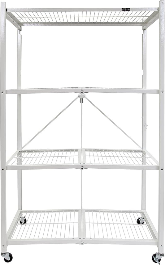 Origami 2-Pack R5 Storage Rack, 4-Tier Heavy-Duty Foldable Steel Shelf with Wheels, White
