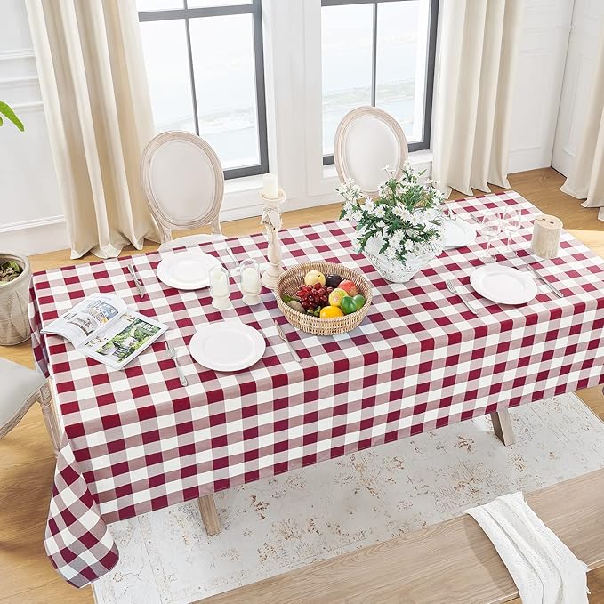 Softalker Gingham Checkered Rectangle Tablecloth - Waterproof Buffalo Plaid Table Cloth Stain Resistant Washable Table Cover for Picnic/Camping/Outdoor - Burgundy and White, 54 x 108 Inch
