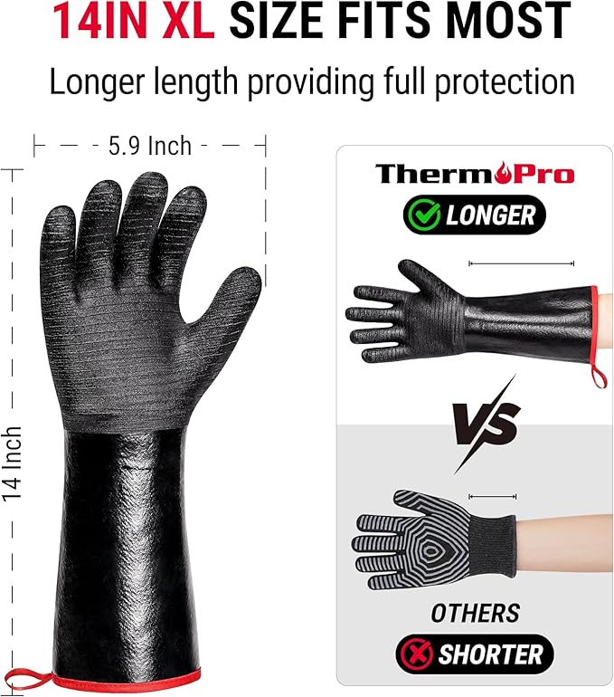 ThermoPro 932°F Heat Resistant BBQ Gloves, 14" Waterproof Oven & Grill Gloves, Oil & Slip-Resistant Neoprene Heat Gloves for BBQ, Fire Pit, Rotisserie, Smoker Accessories Gifts for Men and Women