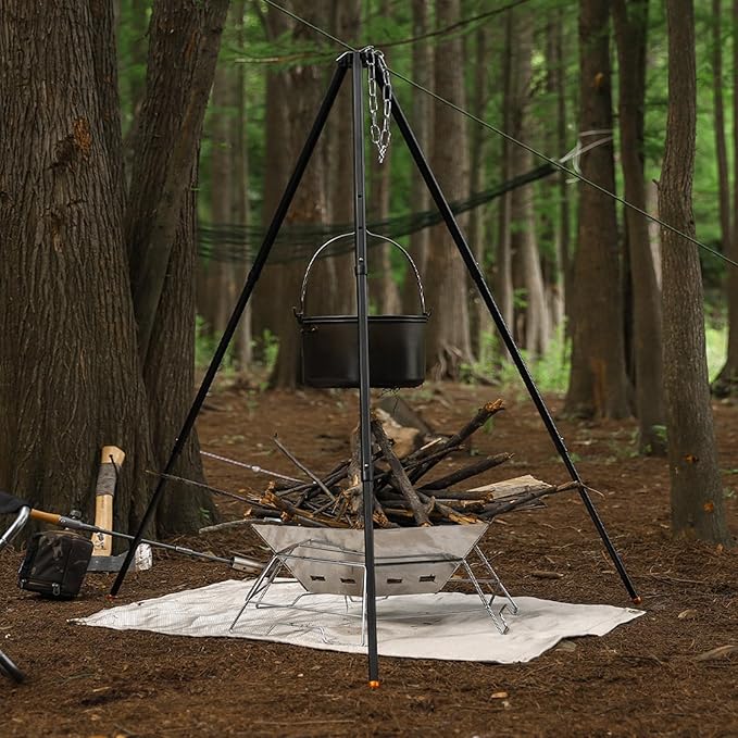 Camping Tripod for Cooking Five-Section Adjustable Campfire Tripod with Adjustable Suspension Chain Suitable for Camping, Campfire,Dutch Oven,Outdoor BBQ (Black)