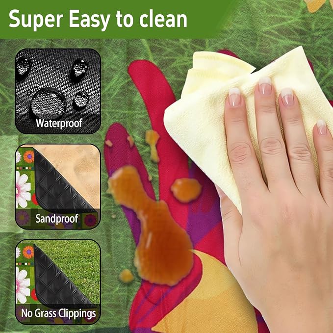Extra Large Picnic Outdoor Blanket 80''x80'' Green Flower Waterproof and Sandproof Picnic Mat for Beach Foldable Camping Accessories for Grass Lawn Park