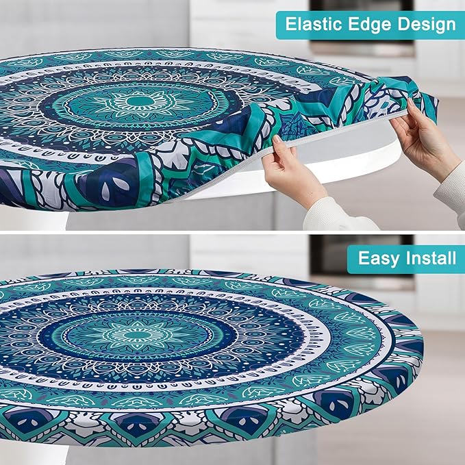 Round Tablecloth Fitted Elastic Table Cover Waterproof Table Cloth for Dinner, Party, Picnic,Camping, Round Table Cover for Indoor Outdoor