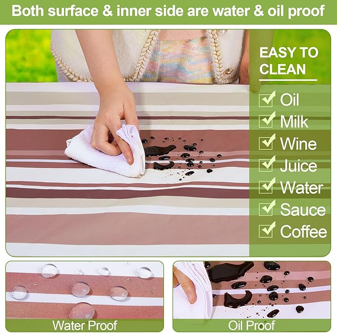 Picnic Table Cover with Bench Covers Camping Essentials Waterproof Windproof Camping Tablecloth with Drawstring Bag, Fitted Rectangle Tables and Seats, 72in, Brown Stripe