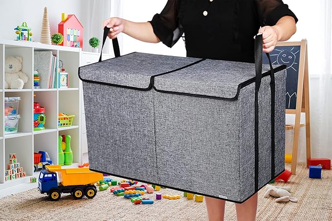 Large Kids Toy Box Chest Storage organizer with Double Flip-Top Lid - Collapsible Sturdy Toy Organizers And Storage Bins With Big Handles For Nursery, Playroom, 26.8"x13.8"x16"(Grey)