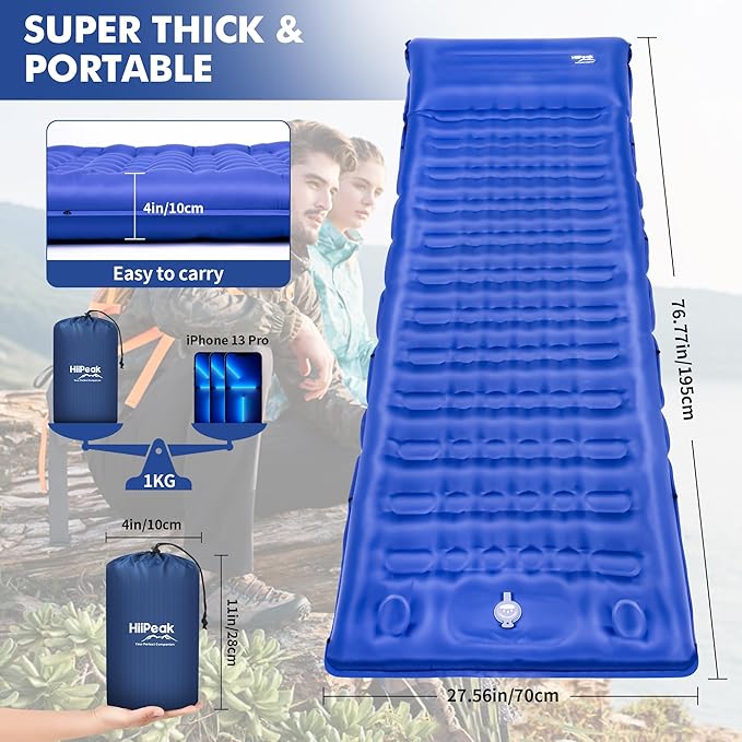 HiiPeak Strong Support Camping Mat, Inflatable Sleeping Mattress 3.9 Inch Thickness Sleeping Pad with Pillow, Quick Inflation Ultralight Portable Camping Sleeping Bed for Backpacking, Hiking, Picnic