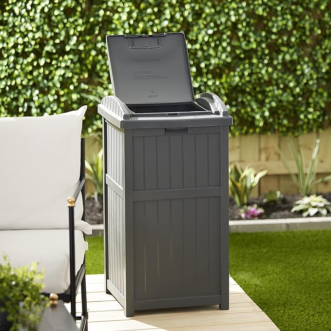 Suncast Outdoor Trash Hideaway, Resin Refuse Container w/ Lid, Cyberspace, 30 Gallon Capacity - Stylish Concealed Waste Storage for Patio, Backyard, Deck or Garden, Use 30-33 Gal. Garbage Can Liners