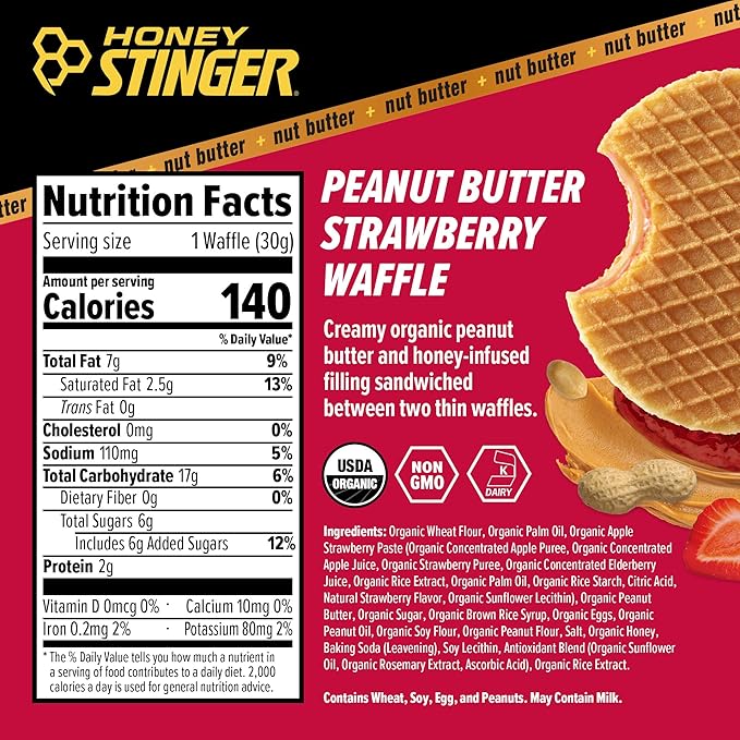 Honey Stinger Organic Peanut Butter Strawberry Waffle, Energy Stroopwafel for Exercise, Endurance and Performance, Sports Nutrition for Home & Gym, Pre & During Workout, 16.96 Ounces (Pack of 16)