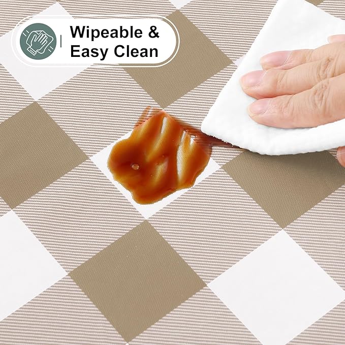 misaya Buffalo Rectangle Picnic Tablecloth, 8 Foot Elastic Fitted Vinyl Table Cloth with Flannel Backing, Waterproof Plaid Table Covers for Dining, Camping, Outdoor (Khaki and White, 30" x 96")