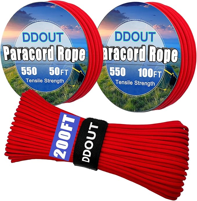 Paracord Nylon Rope Red 200ft with 7-Strand Core, 10 Colors and 50/100/200 ft, Type III Parachute Cord 4mm for Camping, Survival, Hiking, DIY, Crafting, Outdoor Utility Rope