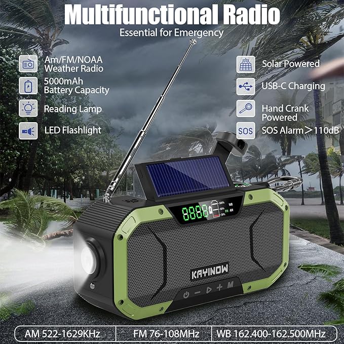 Hand Crank Emergency Radio,Portable AM FM NOAA Weather Radio,Solar Power,Battery Operated,USB Charging Flashlight,Cell Phone Charger,Waterproof,SOS for Camping,Power Outage,Survival Storm