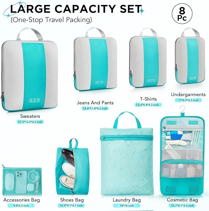 8 Set Compression Packing Cubes for Travel Essentials,Compressible Expandable Packing Cubes for Suitcase,OlarHike Luggage Organizer Bags for Travel,Handy Helper for Organizing Clothes(Blue Green)