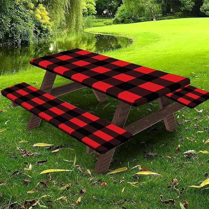 CAPSCEOLL Fitted Picnic Table Cover with Bench Covers with Elastic 6Ft Waterproof Camping Picnic Table Cover Cloths for Outdoors Camping Tablecloth with Drawstring Bag, 72X30in, Black Red
