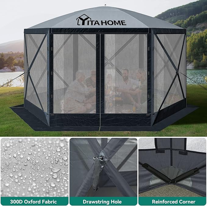 YITAHOME 12x12ft Camping Gazebo, Portable Pop Up Canopy Outdoor Screen Tent 6 Sided with Mesh Windows and Carry Bag for Camping, Picnic, Backyard Party Outside Activities, Gray