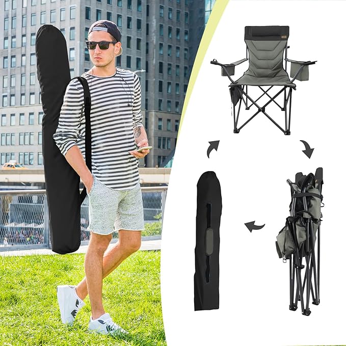 Outdoor Folding Camping Chair-Oversize Camping Chairs for Adults,Support 400lbs with Pillows & Cup Holders & Cooler Bags - Heavy Duty Collapsible Chairs for Sports Garden Beach Fishin(Blackgray)