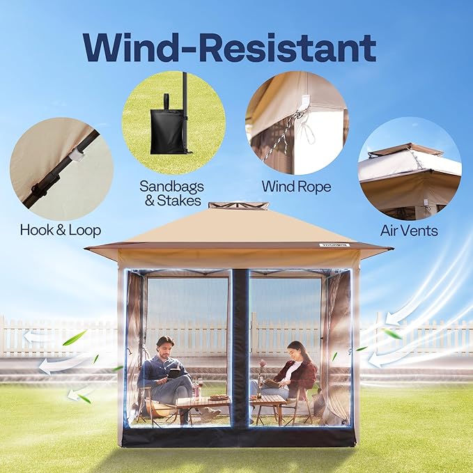 VIVOHOME Pop Up Gazebo 10x10ft Outdoor Canopy Tent with Mosquito Netting & 2 Tiers Roof for Patio Garden Backyard, Beige