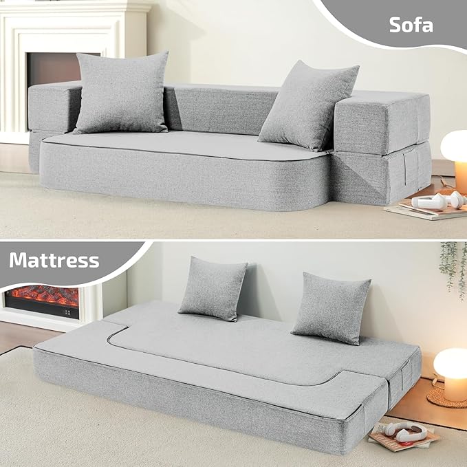 2-in-1 Folding Sofa Bed with Pillows - Folding Chair Floor Couch & Sleeping Mattress - Washable Cover & Memory Foam Sleeper Chair for Living Room/Guest Room/Apartment/Loft, Light Gray, Twin