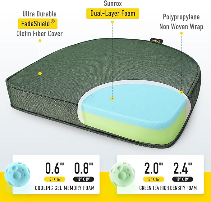 SUNROX Gel Memory Foam Chair Cushions, FadeShield Water-, Stain-Resistant Durable Reversible Seat Cushion Pads with Ties for Indoor/Outdoor Kitchen Dining Office, 19"x19", Set of 4, Heather Fern