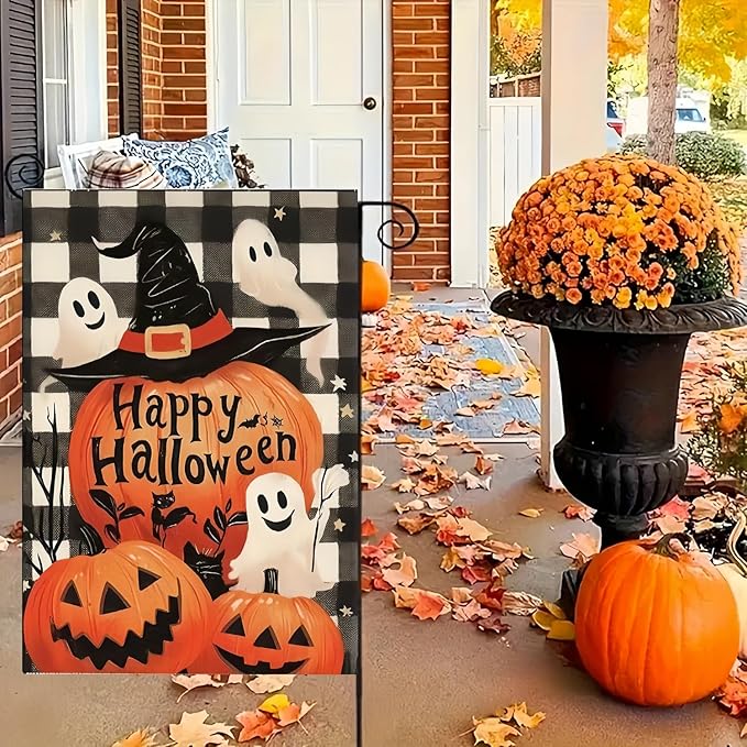 Happy Halloween Garden Flag 12X18 Inch Double Side,Ghost Outside Yard flag, Pumpkin Jack O Lantern Small Garden Flag Decorative,Outdoor Flag for Holiday Patio Courtyard Lawn
