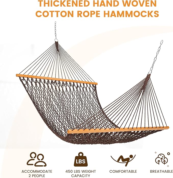 Lazy Daze Hammocks Double Rope Hammock, 2 Person Traditional Outdoor Hand Woven Cotton Rope Hammock with Spreader Bar, Chains, Tree Straps for Patio Yard - Max 450 Lbs, Dark Brown