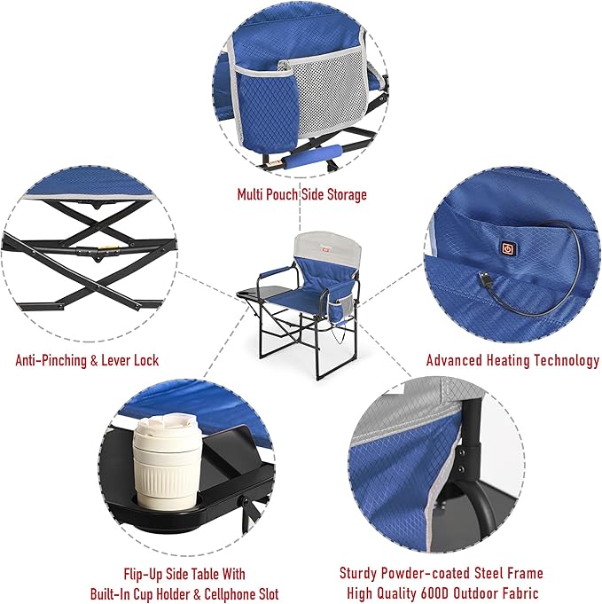 SUNNYFEEL Heated Camping Directors Chair 2 Pack, Portable Folding Lawn Chairs for Adults Heavy Duty with Side Table,Pocket for Beach, Fishing,Picnic,Concert Outdoor, Foldable Camp Chairs