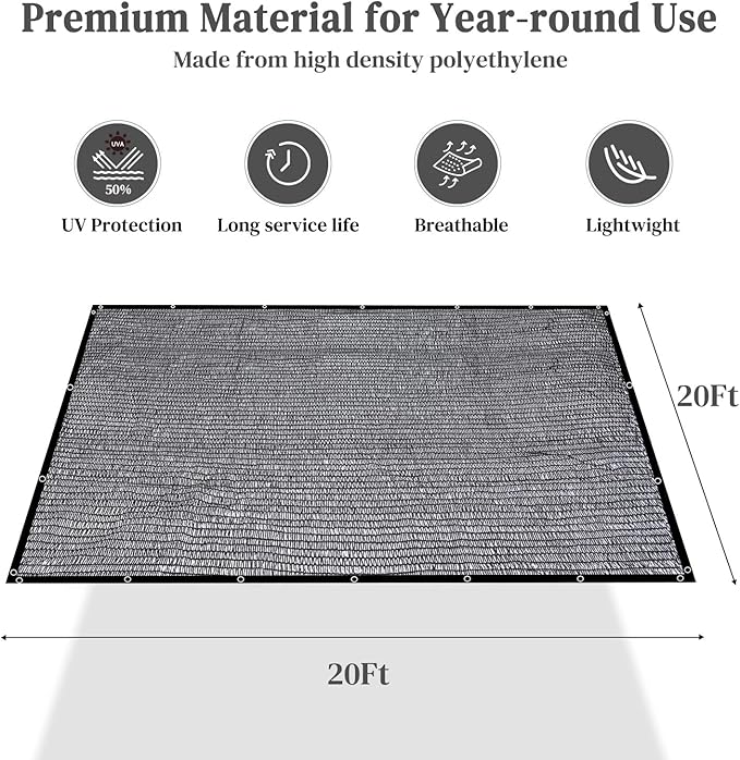 Garden 50% Shade Cloth, 20 x 20 FT Sun Shade Mesh Tarp with Reinforced Grommets, Durable HDPE Material Outdoor Shade Cloth for Plants, Greenhouse, Pergola and Backyard Patio Sunshade