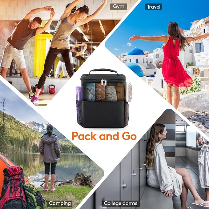 Lifewit Mesh Shower Caddy Bag Portable College Dorm Room Essentials Caddy Tote Basket for Bathroom, Gym, Travel, Camping Quick Dry Hanging Shower Organizer Toiletry Bag for Women Wen, Large, Black