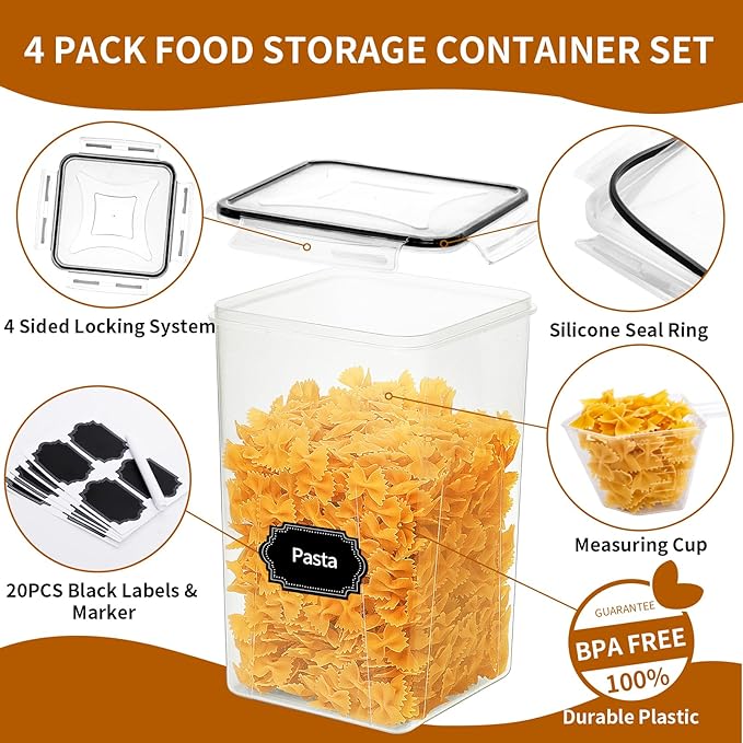4 Pack Extra Large Airtight Food Storage Containers with Lids (6.5L / 220 oz), BPA Free Plastic Kitchen and Pantry Organization Contianers for Cereal Flour and Sugar Storage, Labels & Marker