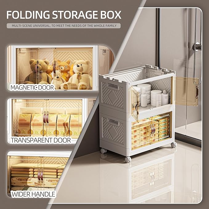 132 QT / 33 Gal White Storage Bins with 1 Lid - Collapsible Stackable Cabinet Organizer w/Wheels & Magnetic Doors, Plastic Storage Box for Office Closet Organization