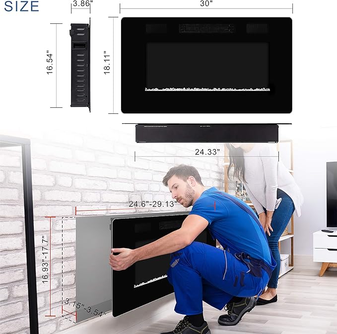 Xbeauty 30 inch Wall Mounted Recessed Electric Fireplace Insert, Flush Mount Linear Fireplace, Ultra-Thin Lightweight LED Fireplace Heater, Fit 2x4&2x6 Stud w/Touch Screen,Remote Control,1500W,Black