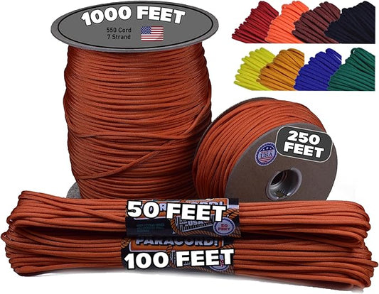 BORED? PARACORD! 550 lb Paracord - Ideal for Crafting, Camping, DIY Projects, Active & Military Outdoors - Strong Survival Rope - Tactical Parachute Cord Type III - International Orange 250 Feet