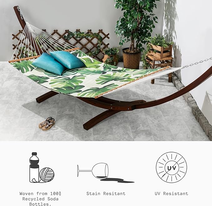 Fab Habitat Tropical Botanical Recycled Polyester Hammock - Panama - Green - Indoor/Outdoor, Quick Dry, 2 Person 460 lbs Capacity - Patio, Poolside, Backyard, Garden, Beach - 12-14 ft Adjustable