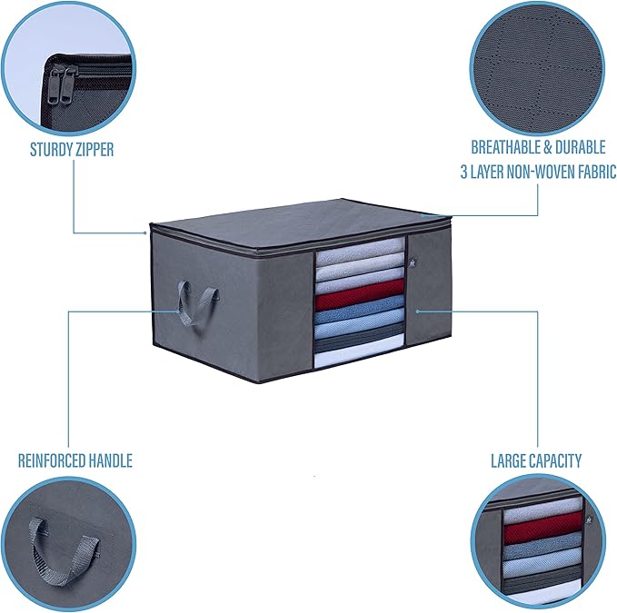 VENO 3 Pack Oversize Clothes Storage Bag Organizer with Reinforced Handle Thick Fabric for Comforters, Blankets, Bedding, Foldable with Sturdy Zipper, Clear Window, Grey, Reusable (34 Gallon)