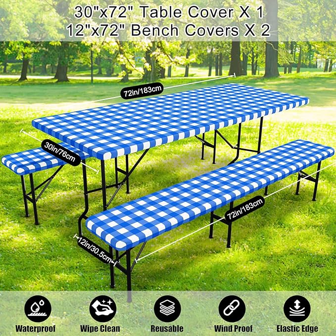 Smiry Picnic Table Cover with Bench Covers, Waterproof Elastic Fitted Tablecloths for 6 Foot Rectangle Tables, Washable Buffalo Plaid Tablecloth for Camping, Outdoor (Blue & White, 30"x72")