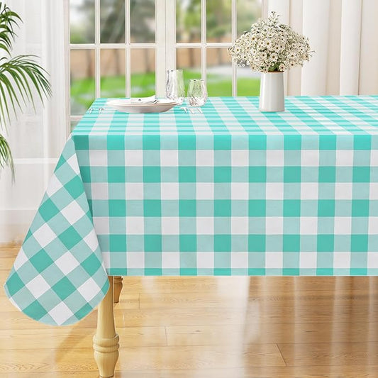 misaya Rectangle Waterproof Vinyl Table Cloth, Buffalo Flannel Backed Tablecloth, Wipeable Plastic Table Cover for Dinner, Kitchen, Outdoor (60" x 84", Teal and White)