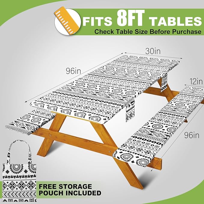 Picnic Table Cover with Bench Covers Vinyl Elastic Edges Fitted Rectangle Tables Seat Waterproof 3-Piece96X30in Set Outdoor Rectangular Folding Backing Tablecloth for Camping Over Size BlackGeometrics