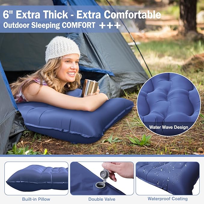 Sleeping Pad, 6" Extra Thick Camping Mat with Pillow Built-in Foot Pump, Ultra Comfortable Inflatable Sleeping Mat for Camping, Backpacking, Hiking, Camp Tent - Enjoy a Comfy Sleep