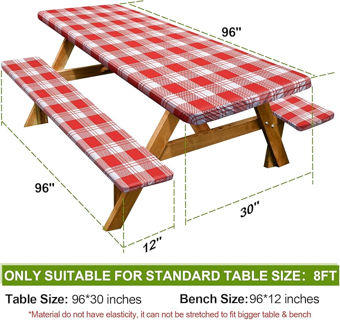 Picnic Table Cover with Bench Covers Camping Essentials Waterproof Windproof Camping Tablecloth with Drawstring Bag, Fitted Rectangle Tables and Seats, 96in, Red Checkered