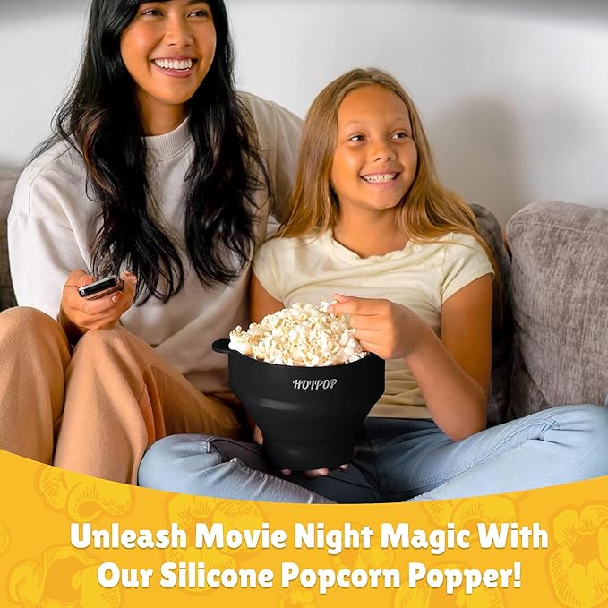 Popco Silicone Popcorn Maker - Microwave Popcorn Popper with Handles - Collapsible Bowl, Heat-Resistant, Easy to Clean, Ideal for Family Movie Nights, 15-Cup Capacity - Black