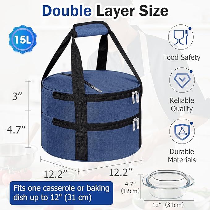 Round Double Insulated Casserole Carrier, Pie Carrier Bag, Portable Casserole Carrier for Hot or Cold Food Lunch Tote, Lunch Bag for Parties Picnic, Fits 12.5" Baking Dish, Navy Blue