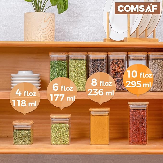 ComSaf 6Pcs 10 oz Large Spice Jars with Label Trial Set, Glass Spice Jars with Bamboo Lids Supplementary Set, Seasoning Container Trial Pack, Perfect for Ktichen Starter