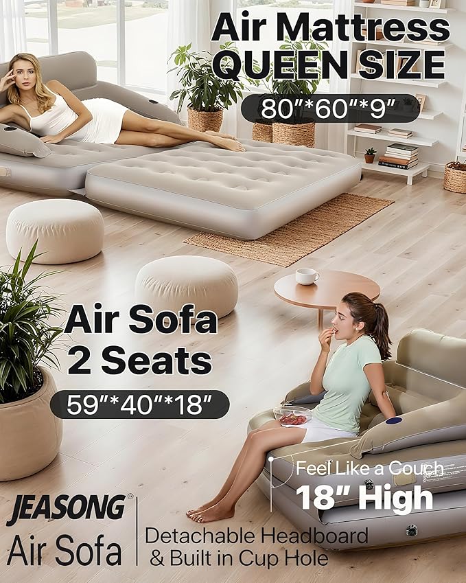 JEASONG Inflatable Chair Sofa with Built-in Rechargeable Pump, 2-in-1 Air Couch & Mattress Bed, One-Touch Inflation, Multifunctional for Home or Outdoor, Foldable, Easy Storage