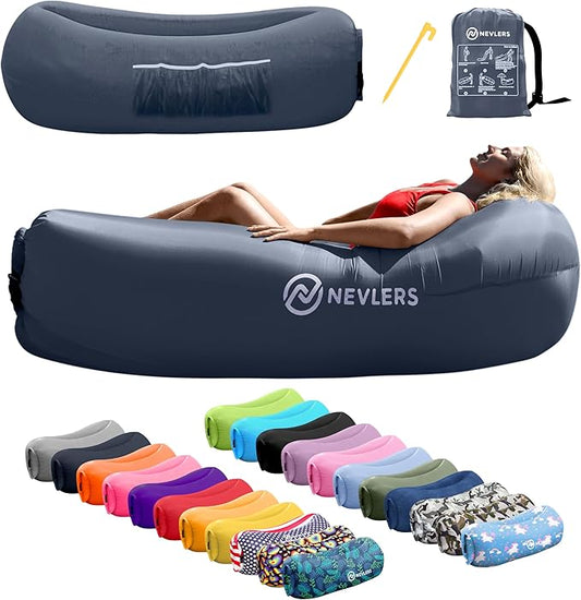 Nevlers Inflatable Lounger | 210T Polyester Inflatable Chair | No-Pump Blow Up Couch | Camping Couch Air Sofa Bed w/ 450 lbs. Cap., Pockets & Matching Bag | Use as Inflatable Couch for Adults & Kids