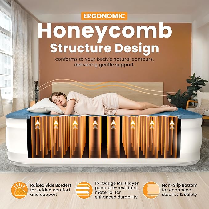 Queen Air Mattress, 18” Raised Inflatable Bed with Built-in Pump, Waterproof Velvety Top, Ergonomic Design, Reinforced Support, and Carry Bag for Home, Camping, and Guests