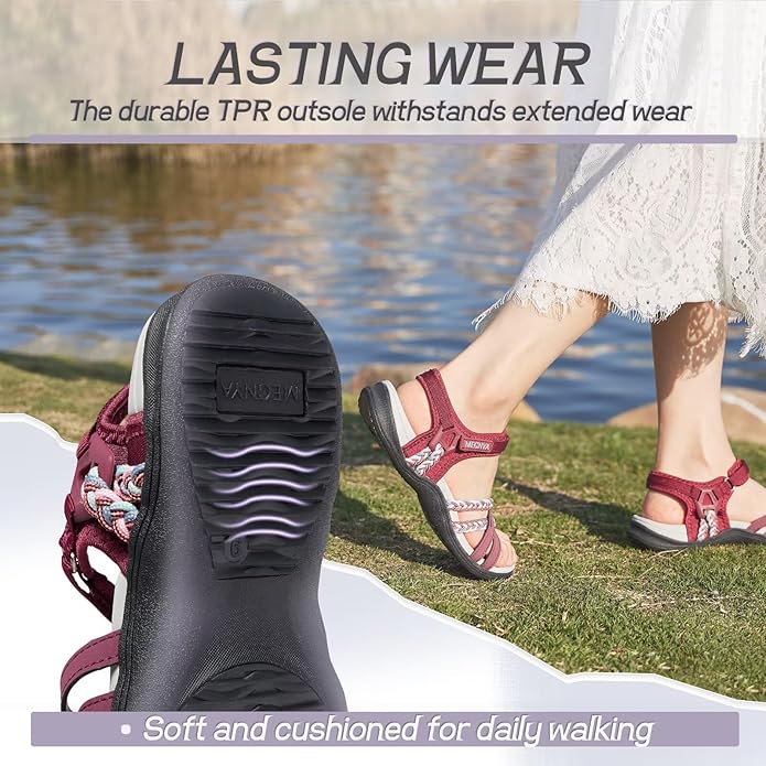 MEGNYA Hiking Sandals for Women, Arch Support Comfortable Walking Sandals Hook Loop Strap, Sports Lightweight Slides