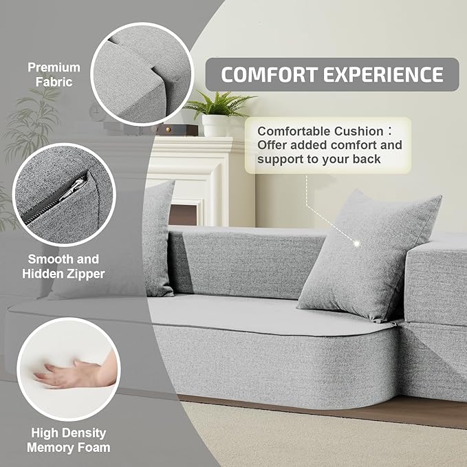 2-in-1 Folding Sofa Bed with Pillows - Folding Chair Floor Couch & Sleeping Mattress - Washable Cover & Memory Foam Sleeper Chair for Living Room/Guest Room/Apartment/Loft, Light Gray, Twin