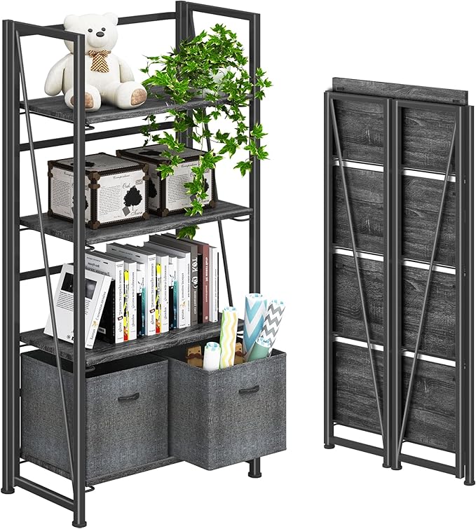 4NM No-Assembly Folding Bookshelf Storage Shelves 4 Tiers Vintage Bookcase Standing Racks Study Organizer Home Office (Gray Black)