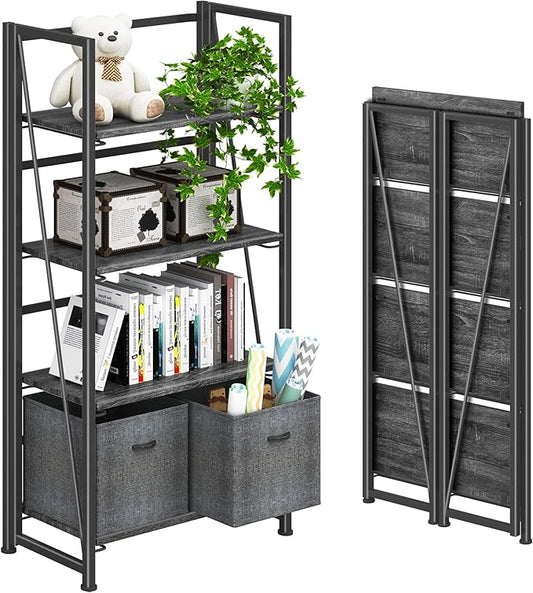 4NM No-Assembly Folding Bookshelf Storage Shelves 4 Tiers Vintage Bookcase Standing Racks Study Organizer Home Office (Gray Black)